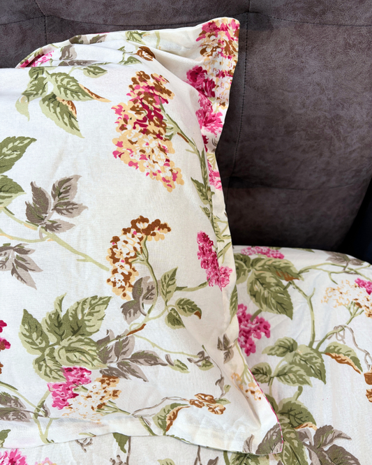 Ivory Pink & Green Floral Premium King Fitted Bedsheet With 2 Pillow Covers HOME SAARTHI