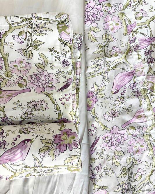 White & Lavender Floral Bird Print 3 Layered Mul-Mul Fabric Pure Cotton Dohar HOME SAARTHI