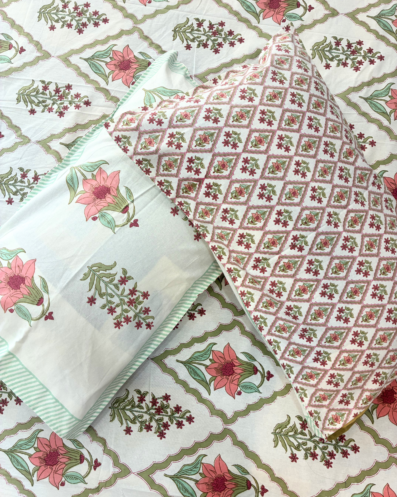 Ivory, Pink & Sage Green Floral Geometric Jaipuri Cotton King Bedsheet With 2 Pillow Covers