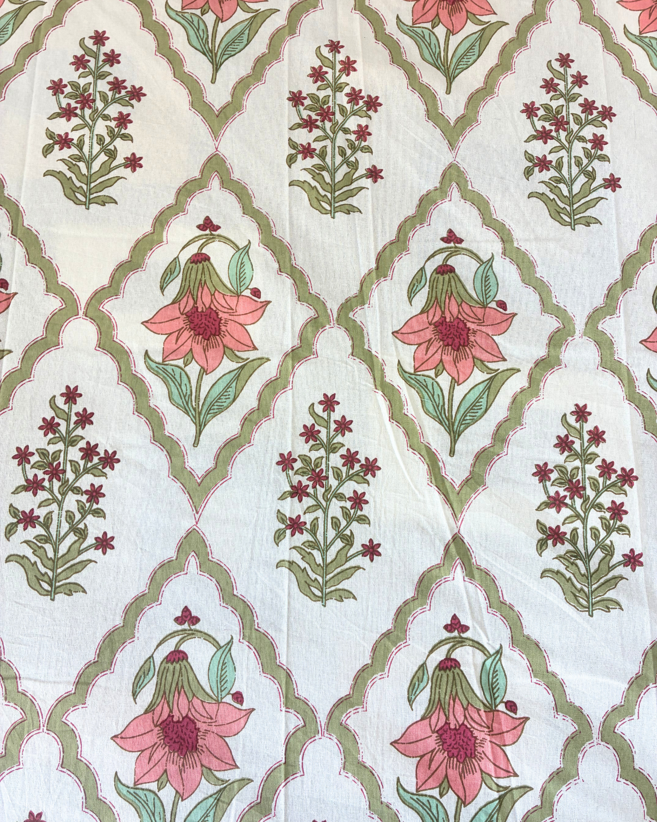 Ivory, Pink & Sage Green Floral Geometric Jaipuri Cotton King Bedsheet With 2 Pillow Covers