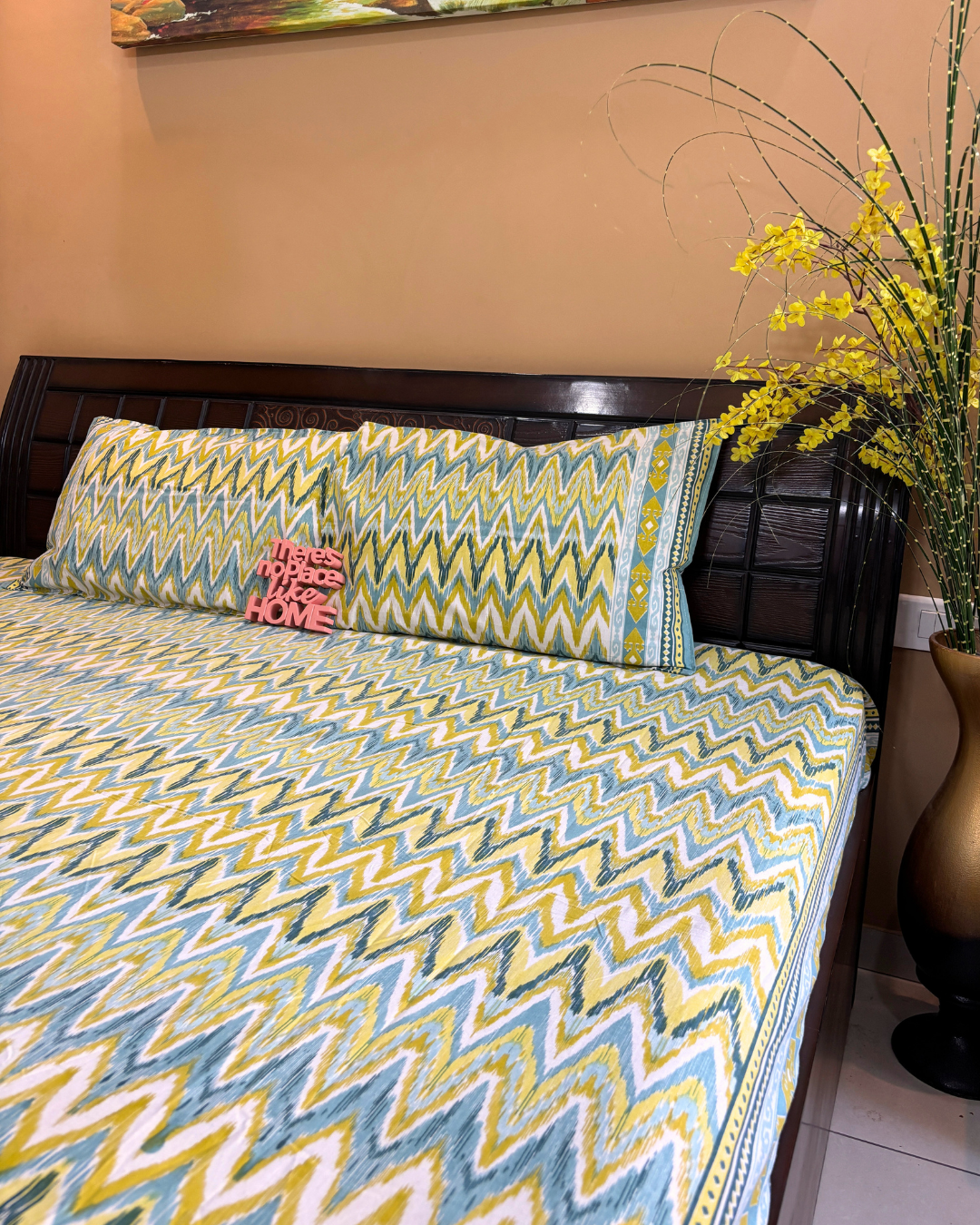 Yellow and Teal Chevron Ikat Geometric King Size Cotton Bedsheet HOME SAARTHI
