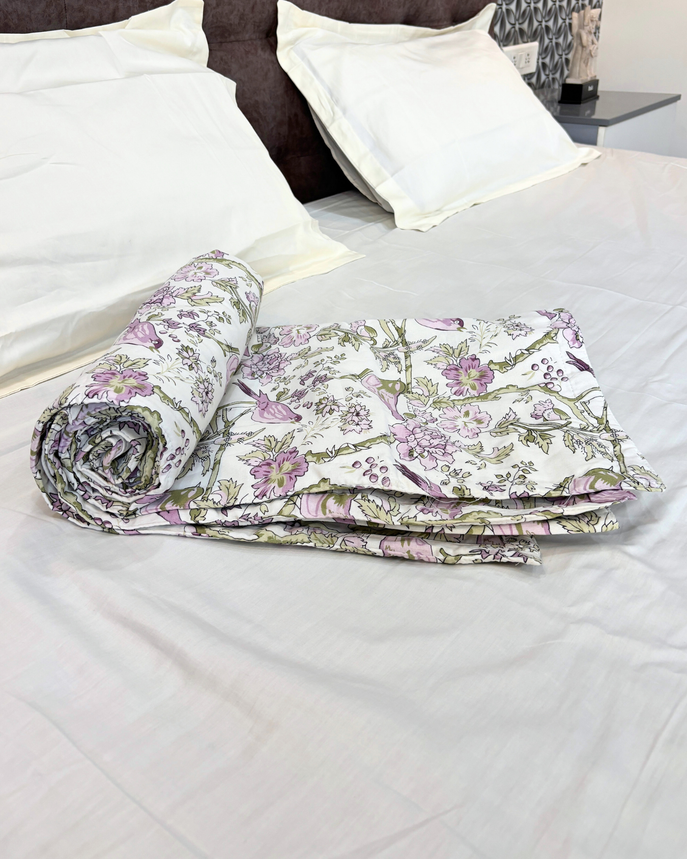 White & Lavender Floral Bird Print 3 Layered Mul-Mul Fabric Pure Cotton Dohar