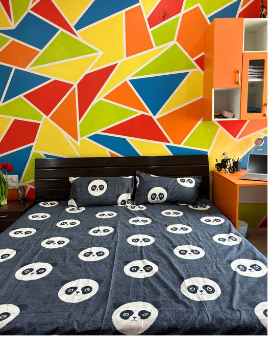 Charcoal Grey Panda Print Abstract King Size Bedsheets