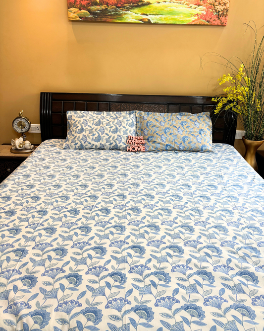 Blue and Cream Botanical Floral King Size Cotton Bedsheet HOME SAARTHI