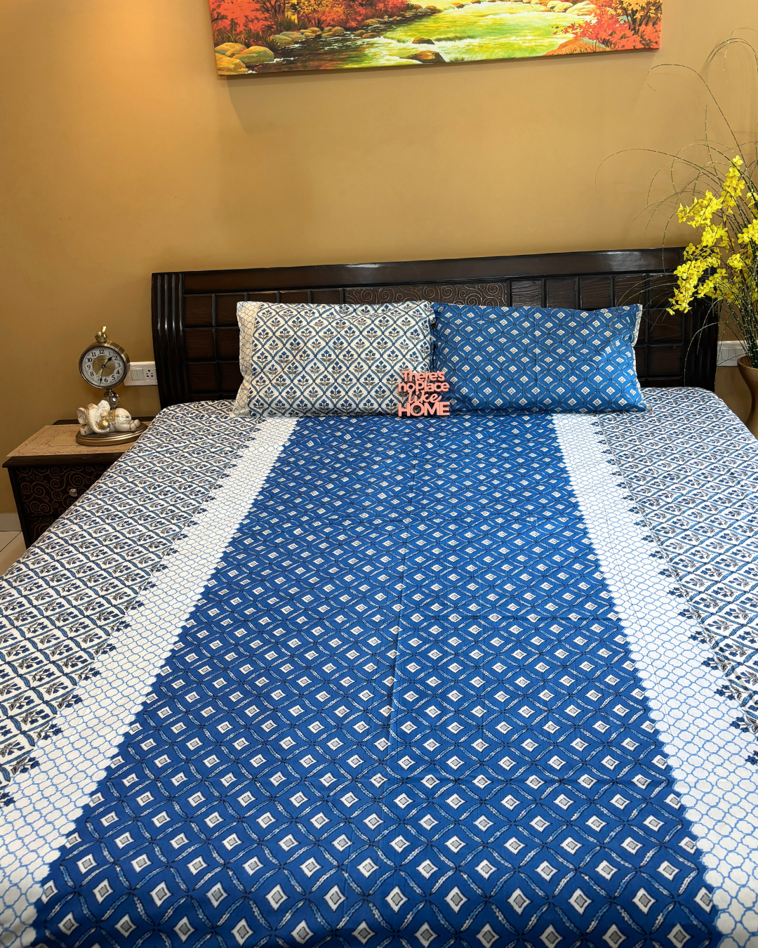 Indigo Blue Geometric Block Print Double Size Cotton Bedsheet HOME SAARTHI