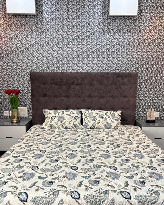 Blue and Olive Floral Premium King Fitted Bedsheet With 2 Pillow Covers