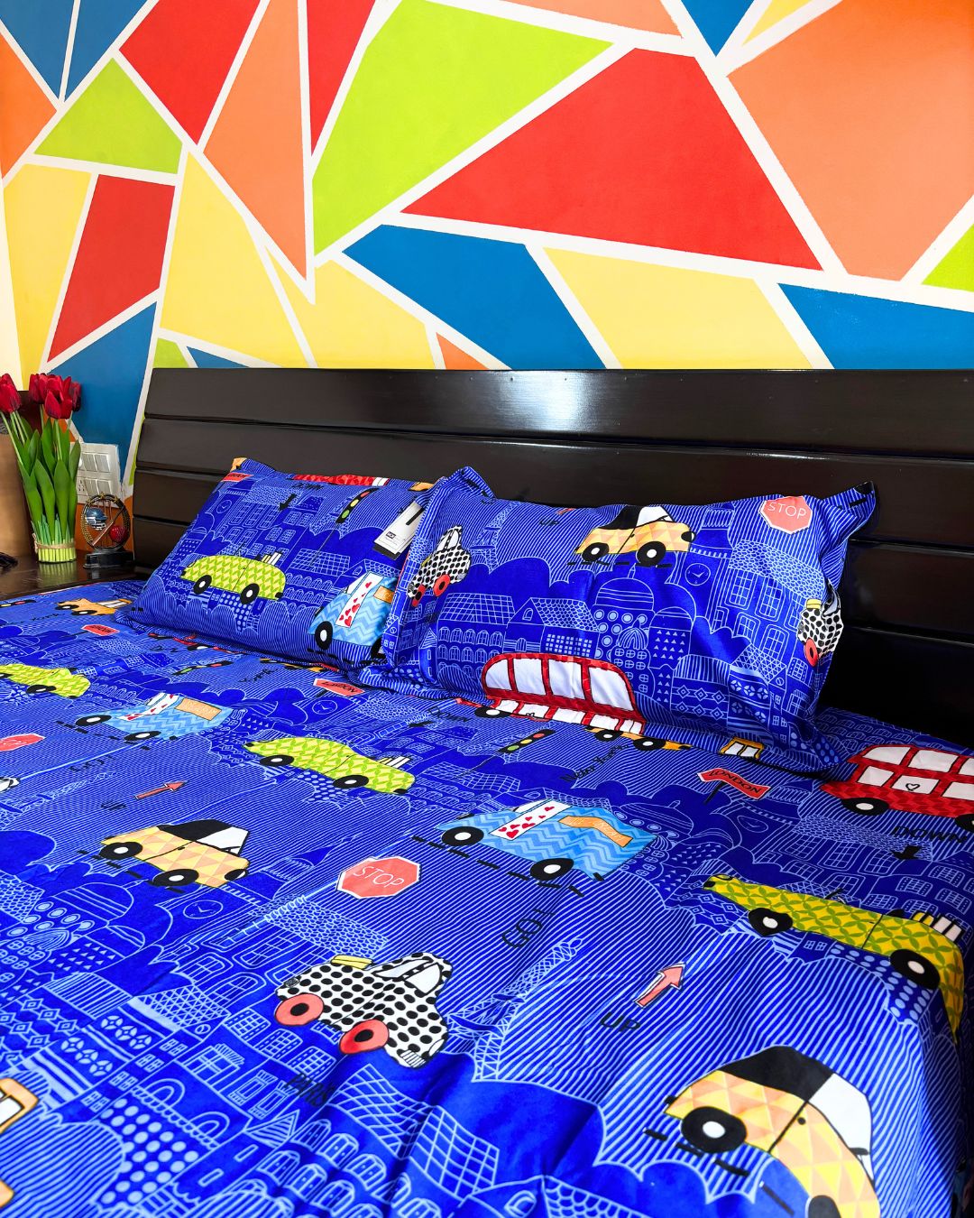 Royal Blue City Traffic Print King Size Bedsheets HOME SAARTHI