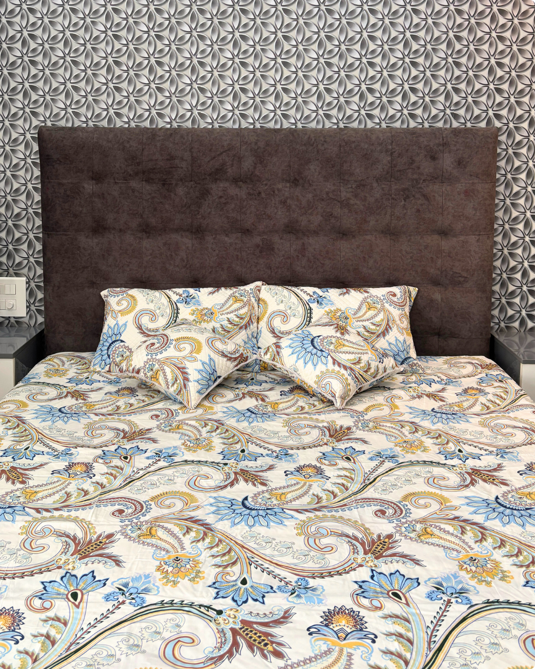 Premium 5 Piece Bedsheet Set – 90x100 | With 2 Pillow Covers & 2 Cushions (Quilted)