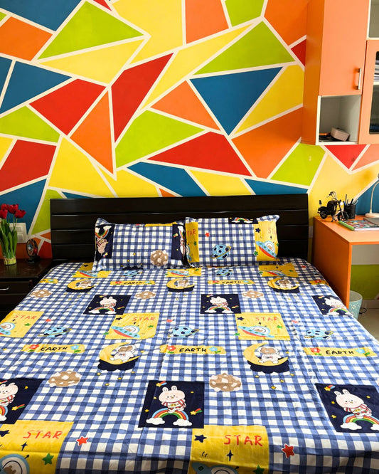 Blue Checked Space & Cartoon Print King Size Bedsheets