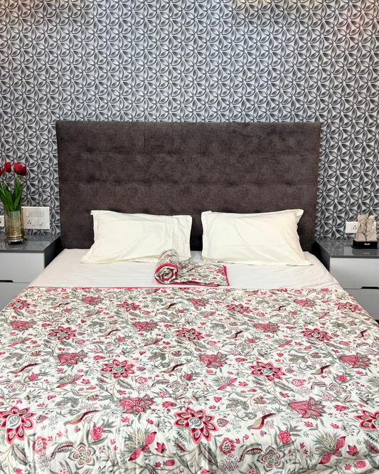 White & Pink Floral 3 Layered Mul-Mul Fabric Pure Cotton Dohar