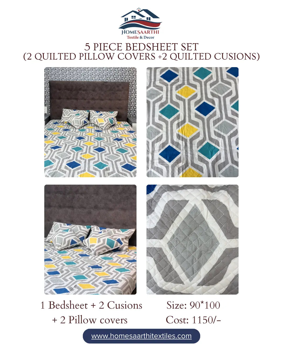 Premium 5 Piece Geometric Print Bedsheet Set - Grey & Yellow - Quilted Pillow & Cushion Covers HOME SAARTHI