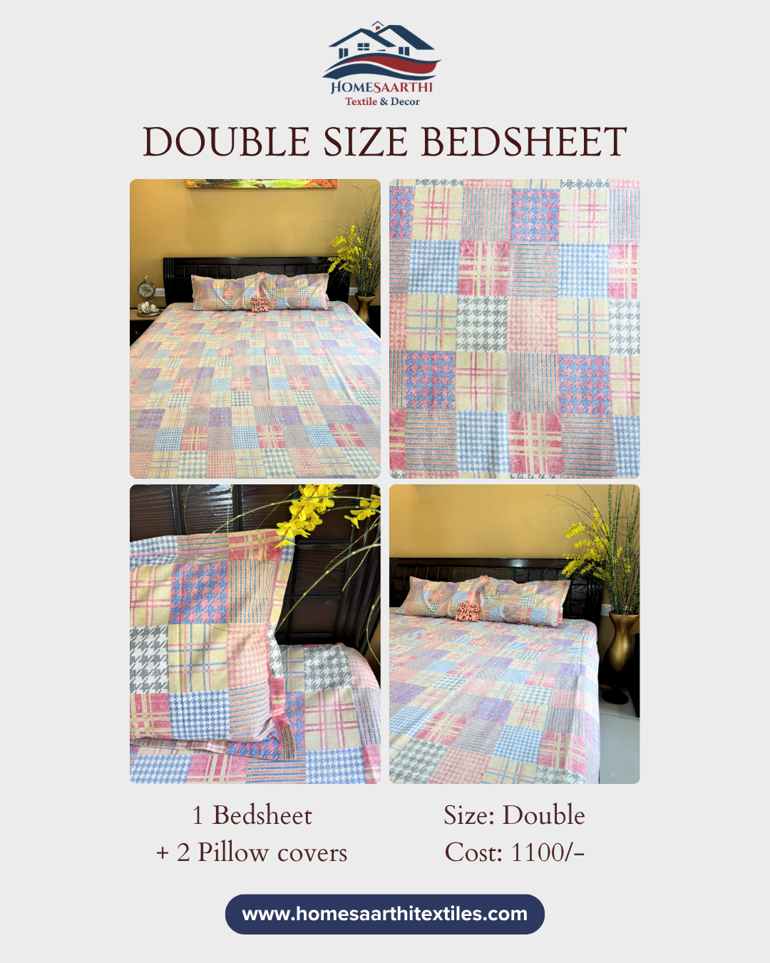 Multicolor Pastel Plaid and Houndstooth Double Size Cotton Bedsheet HOME SAARTHI