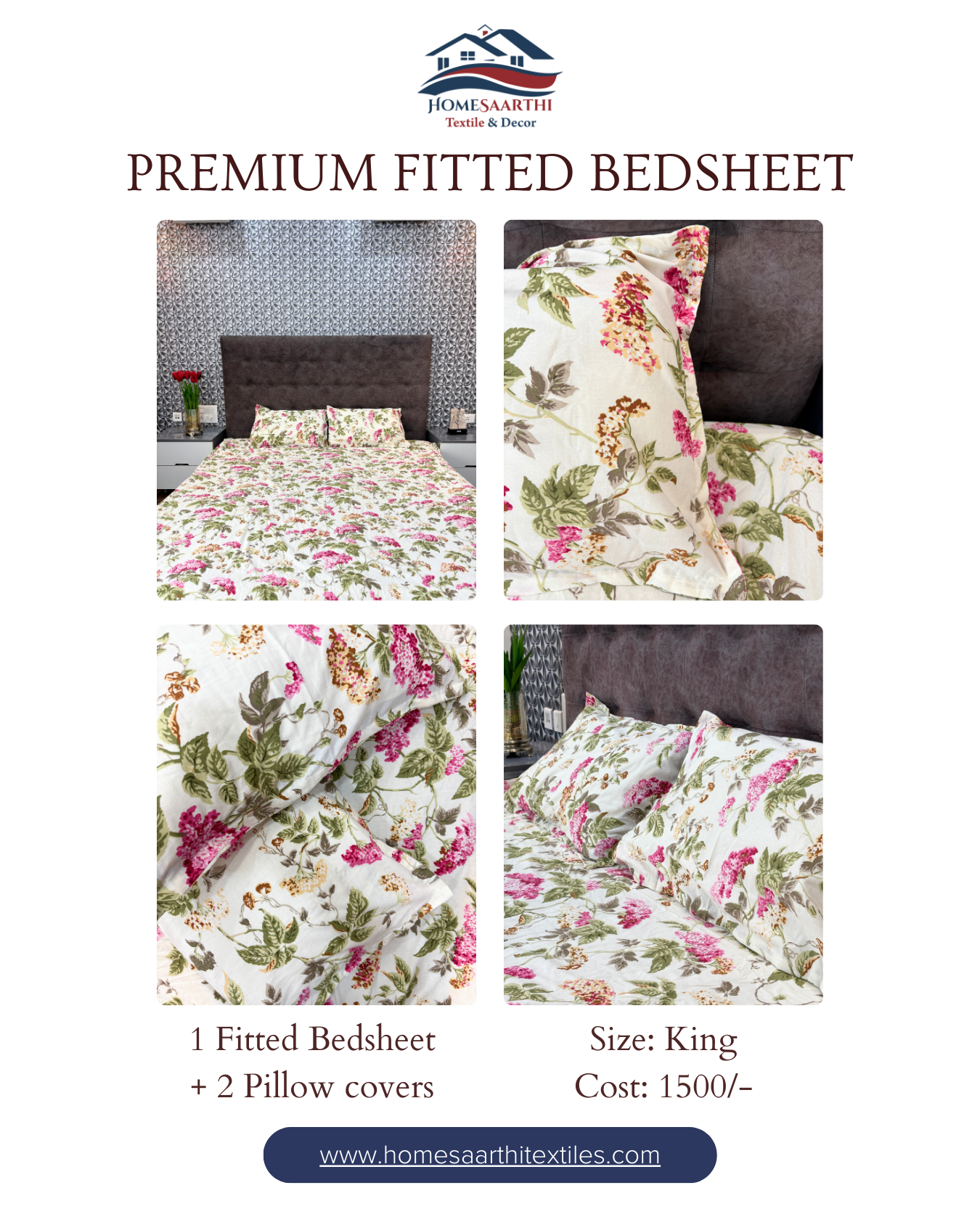 Ivory Pink & Green Floral Premium King Fitted Bedsheet With 2 Pillow Covers HOME SAARTHI