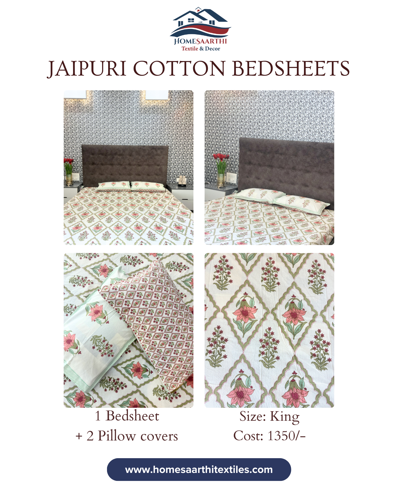 Ivory, Pink & Sage Green Floral Geometric Jaipuri Cotton King Bedsheet With 2 Pillow Covers