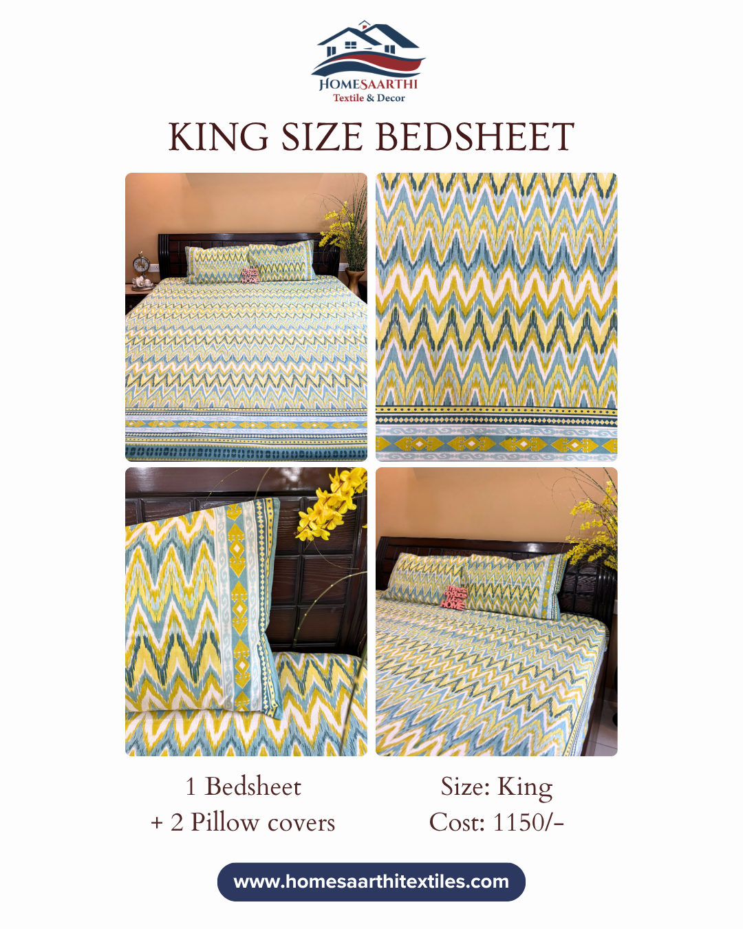 Yellow and Teal Chevron Ikat Geometric King Size Cotton Bedsheet HOME SAARTHI