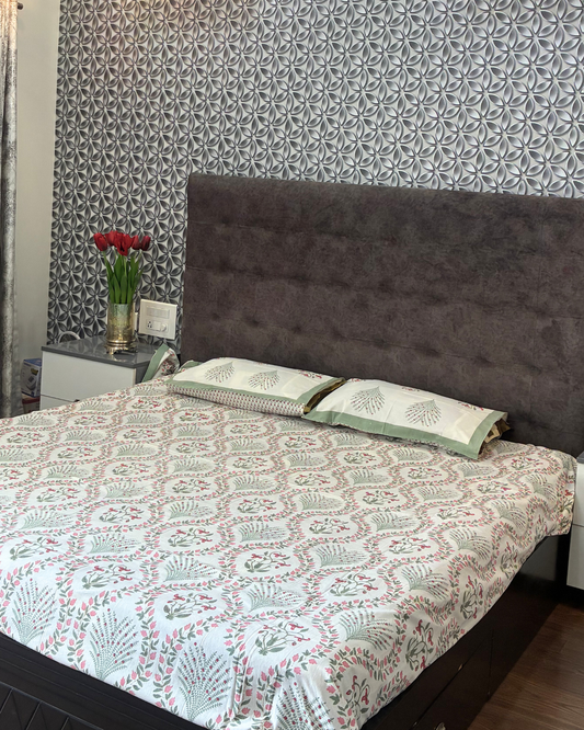 Cream, Pink & Sage Green Floral Buta Jaipuri Cotton King Bedsheet With 2 Pillow Covers