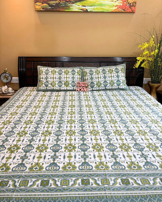 Olive Green and Teal Geometric Tile King Size Cotton Bedsheet HOME SAARTHI