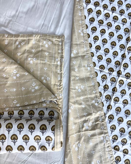 Beige & White Traditional Buta Print 3 Layered Mul-Mul Fabric Pure Cotton Double Sided Dohar HOME SAARTHI