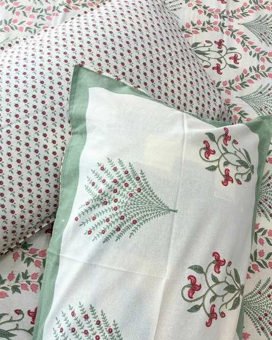 Cream, Pink & Sage Green Floral Buta Jaipuri Cotton King Bedsheet With 2 Pillow Covers HOME SAARTHI