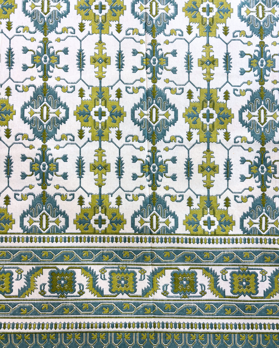 Olive Green and Teal Geometric Tile King Size Cotton Bedsheet HOME SAARTHI