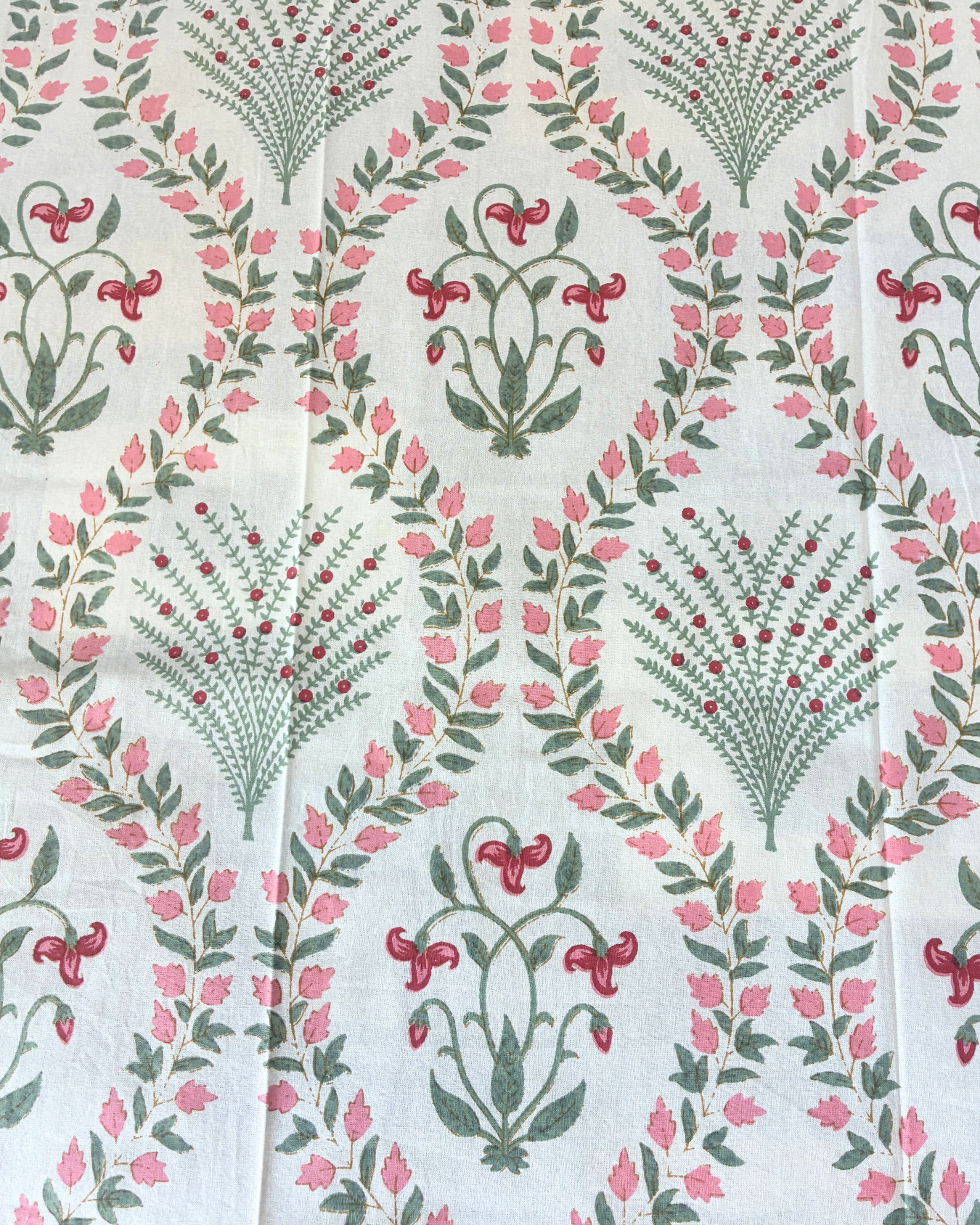 Cream, Pink & Sage Green Floral Buta Jaipuri Cotton King Bedsheet With 2 Pillow Covers HOME SAARTHI