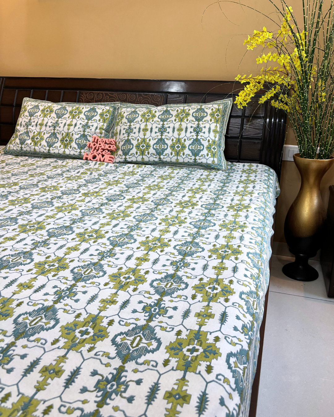 Olive Green and Teal Geometric Tile King Size Cotton Bedsheet HOME SAARTHI