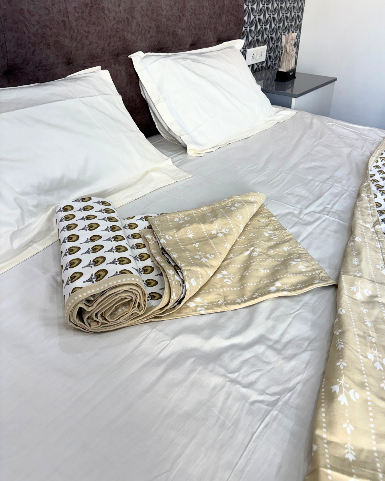 Beige & White Traditional Buta Print 3 Layered Mul-Mul Fabric Pure Cotton Double Sided Dohar HOME SAARTHI
