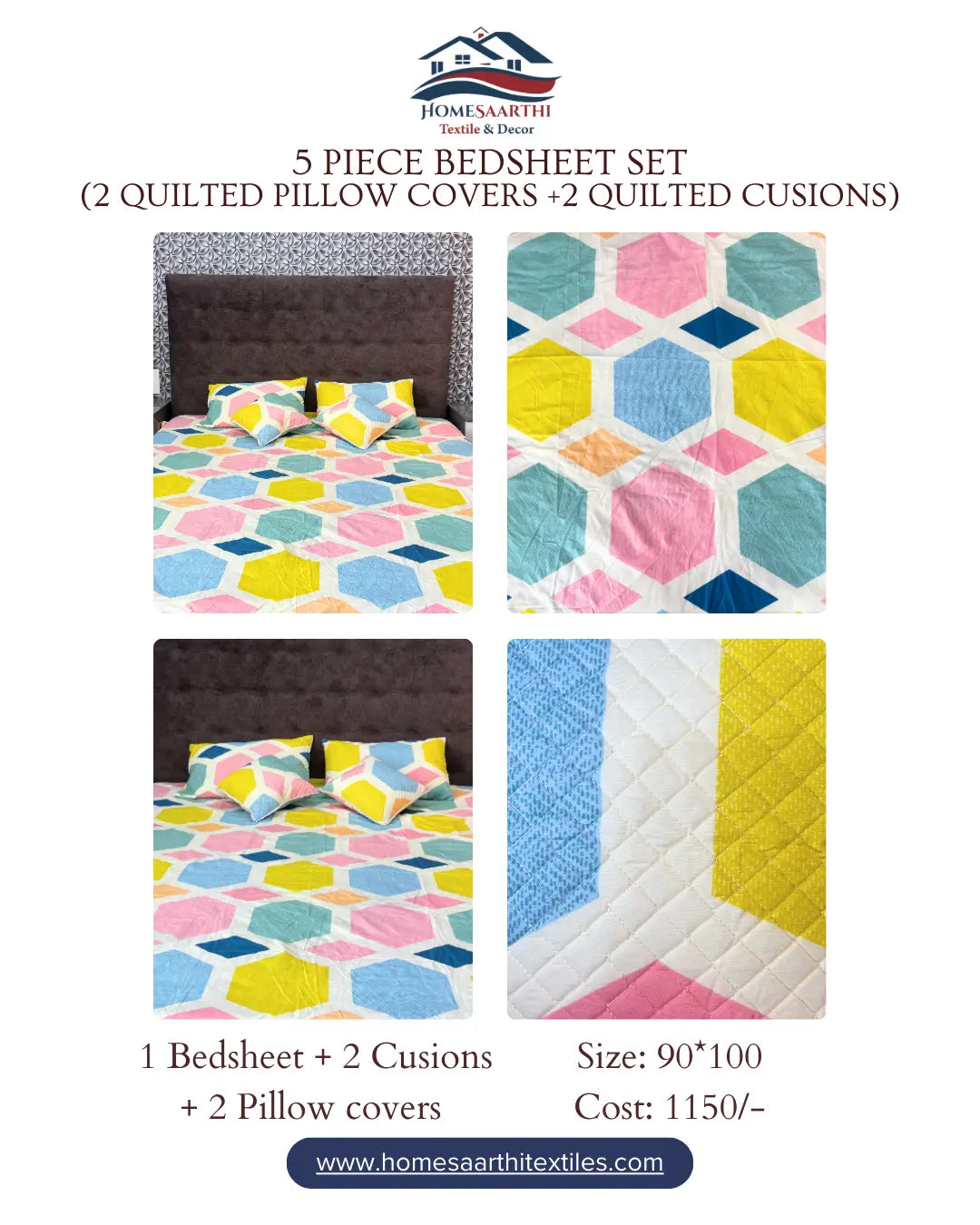 Premium 5-Piece Hexagon Print Bedsheet Set - Pastel Multi-Color - Quilted Pillow & Cushion Covers HOME SAARTHI