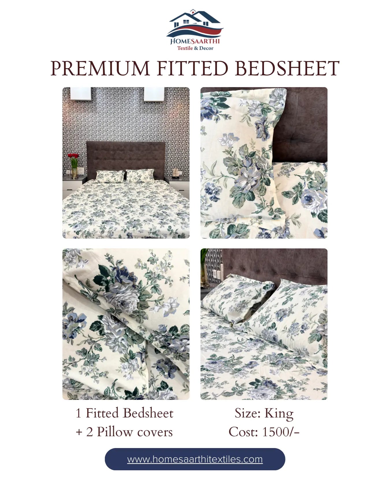 Blue & Green Floral Premium King Fitted Bedsheet With 2 Pillow Covers HOME SAARTHI
