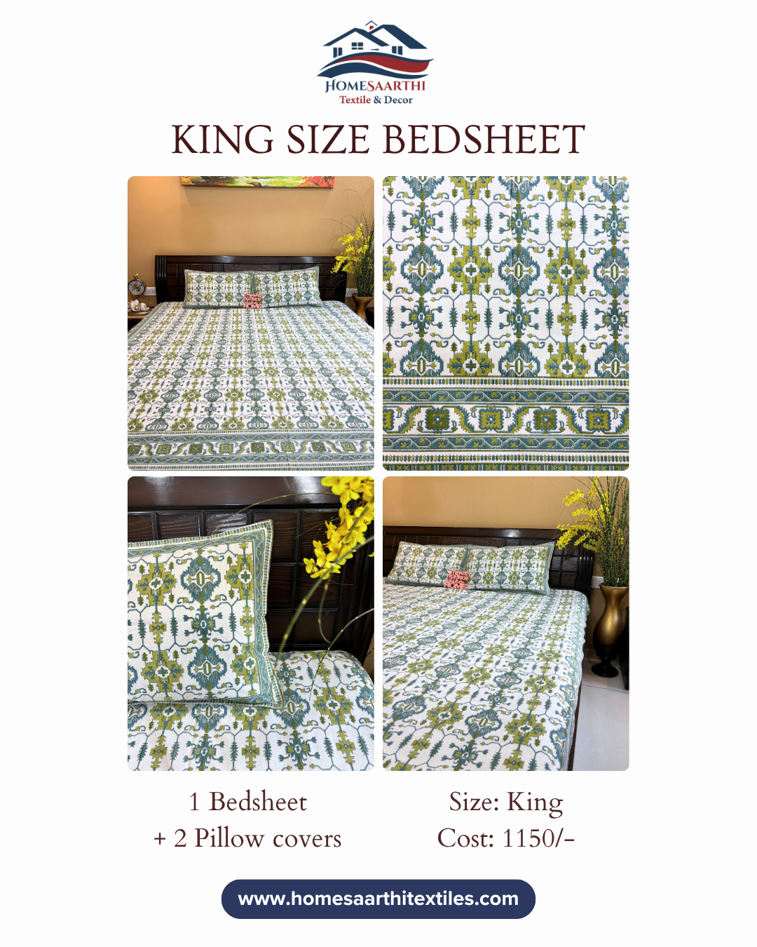 Olive Green and Teal Geometric Tile King Size Cotton Bedsheet HOME SAARTHI