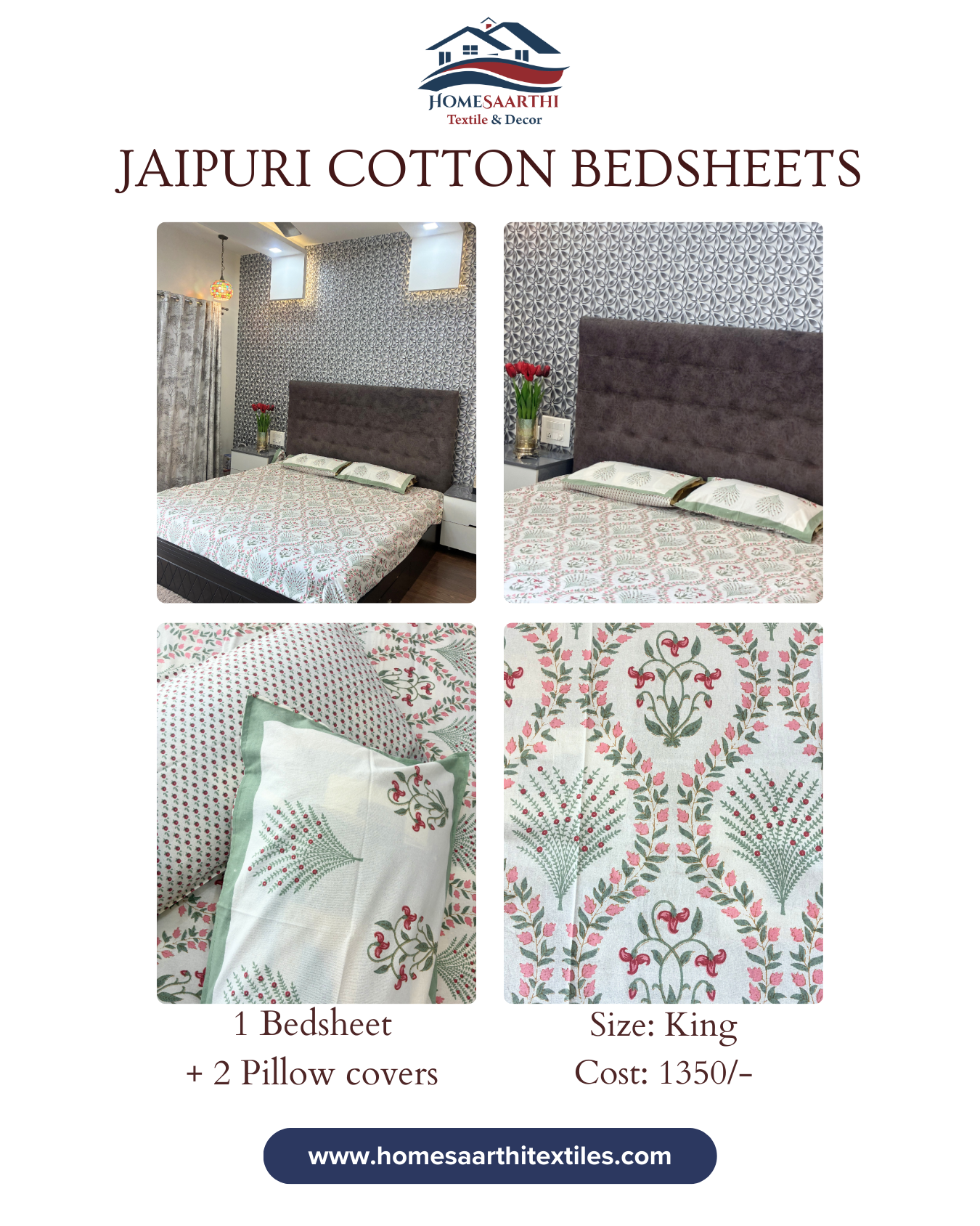 Cream, Pink & Sage Green Floral Buta Jaipuri Cotton King Bedsheet With 2 Pillow Covers HOME SAARTHI