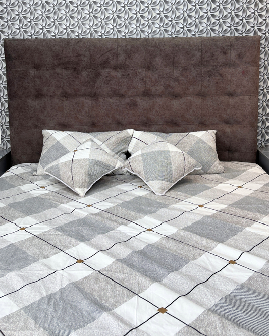 Premium 5-Piece Plaid Bedsheet Set - Classic Grey & White - Quilted Pillow & Cushion Covers