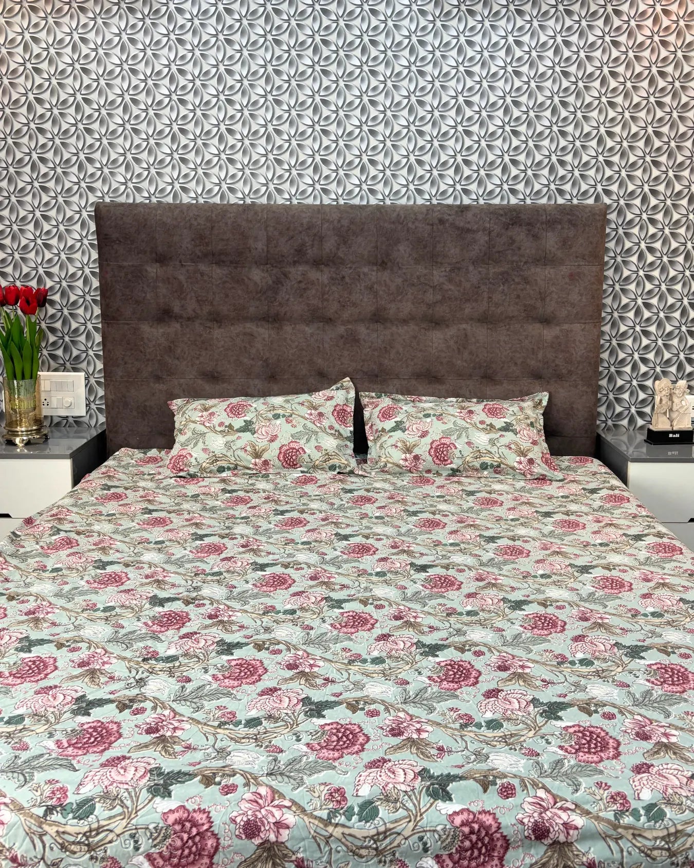 Mint Green & Pink Floral Premium King Fitted Bedsheet With 2 Pillow Covers HOME SAARTHI