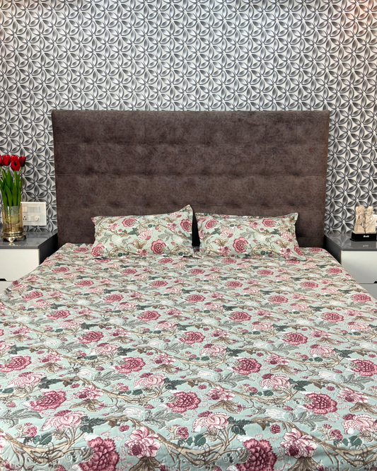 Mint Green & Pink Floral Premium King Fitted Bedsheet With 2 Pillow Covers
