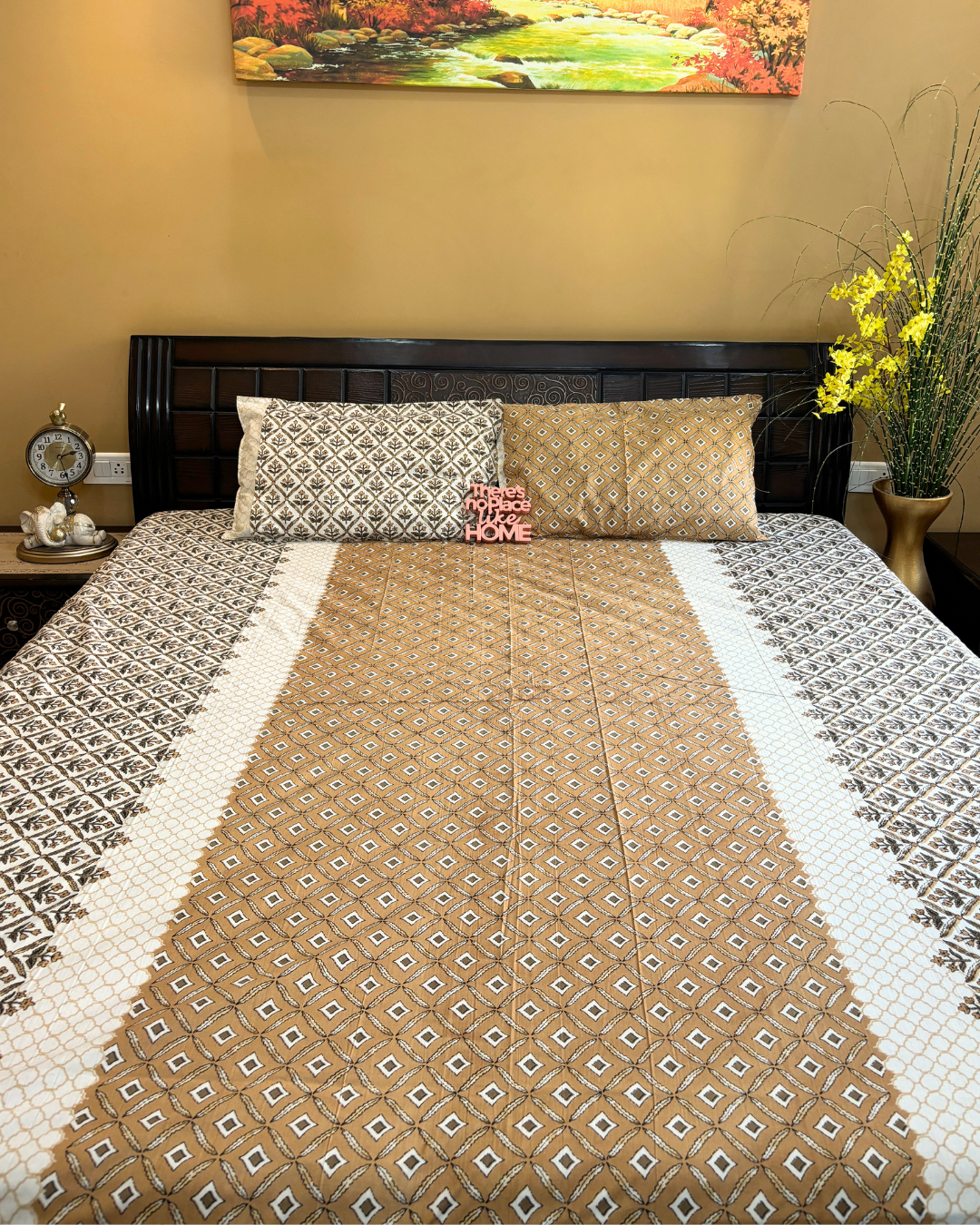 Mustard and Cream Geometric Block Print Double Size Cotton Bedsheet HOME SAARTHI