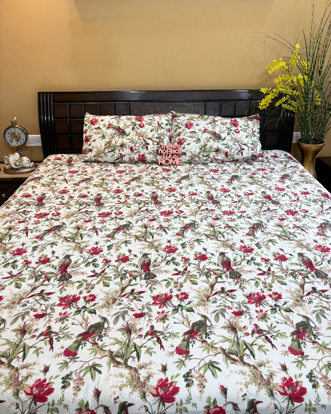 Red and Olive Green Floral Avian Chintz King Size Cotton Bedsheet HOME SAARTHI