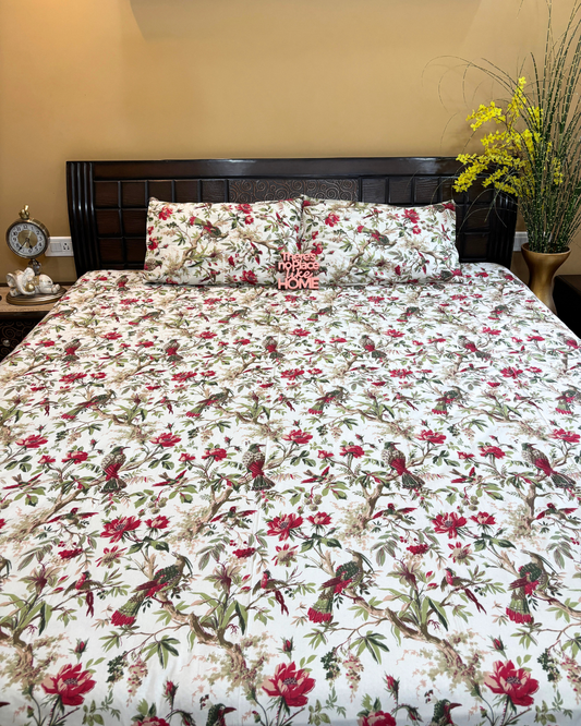 Red and Olive Green Floral Avian Chintz King Size Cotton Bedsheet HOME SAARTHI