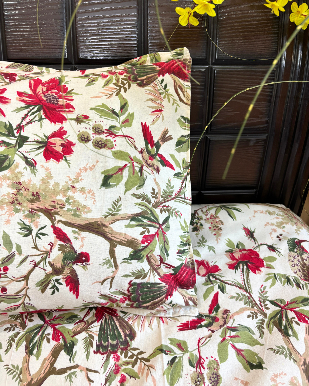 Red and Olive Green Floral Avian Chintz King Size Cotton Bedsheet HOME SAARTHI