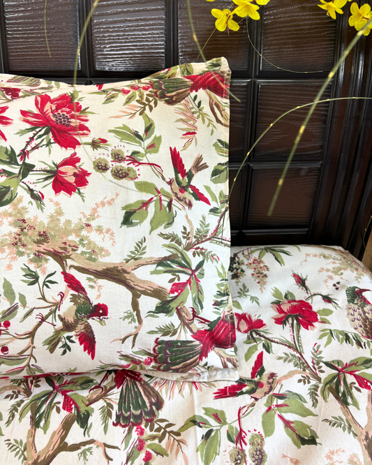 Red and Olive Green Floral Avian Chintz King Size Cotton Bedsheet HOME SAARTHI