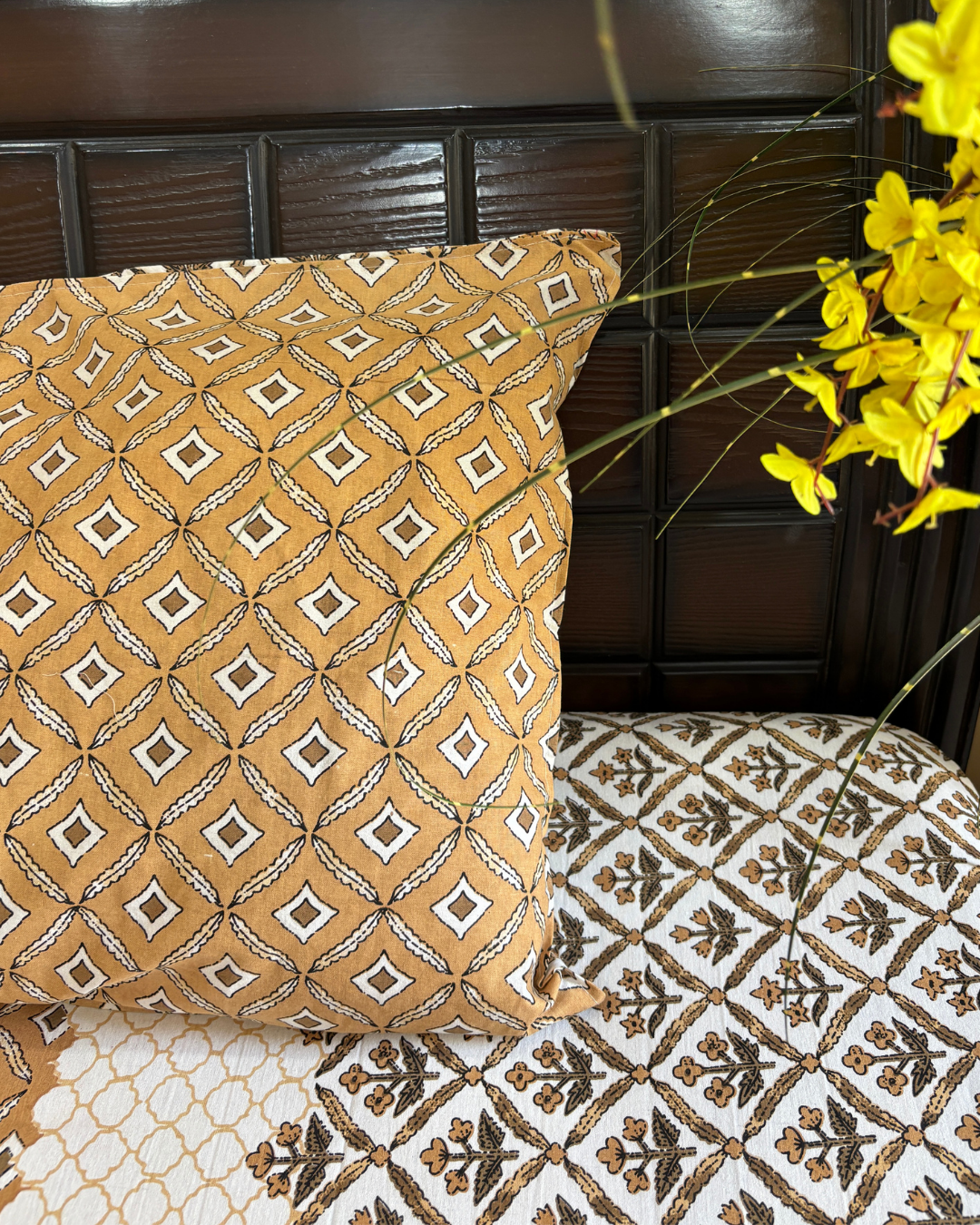 Mustard and Cream Geometric Block Print Double Size Cotton Bedsheet HOME SAARTHI