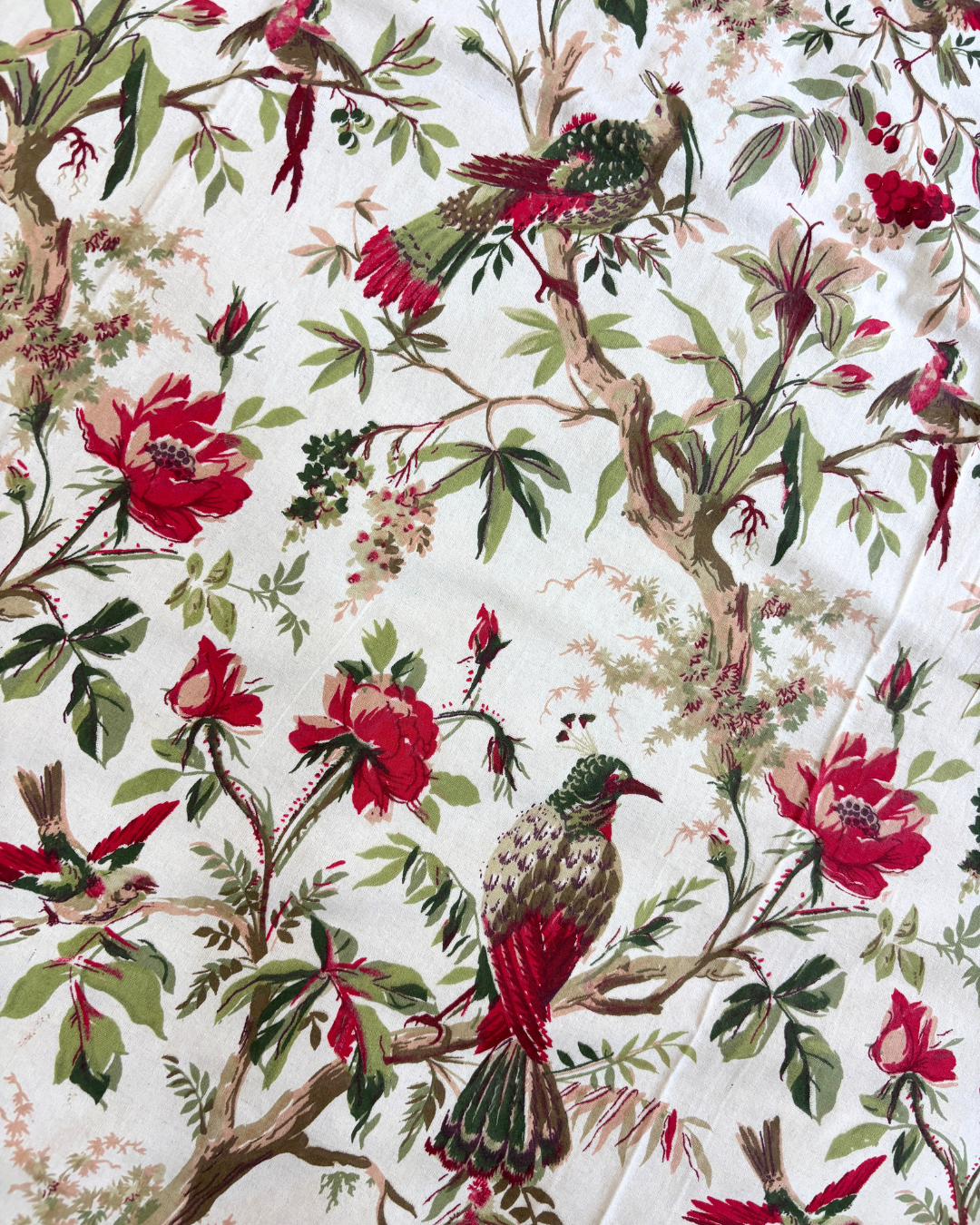Red and Olive Green Floral Avian Chintz King Size Cotton Bedsheet HOME SAARTHI