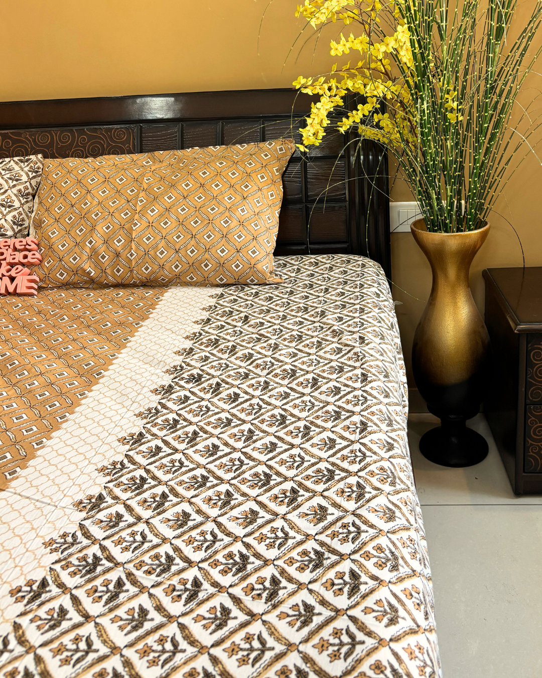 Mustard and Cream Geometric Block Print Double Size Cotton Bedsheet HOME SAARTHI