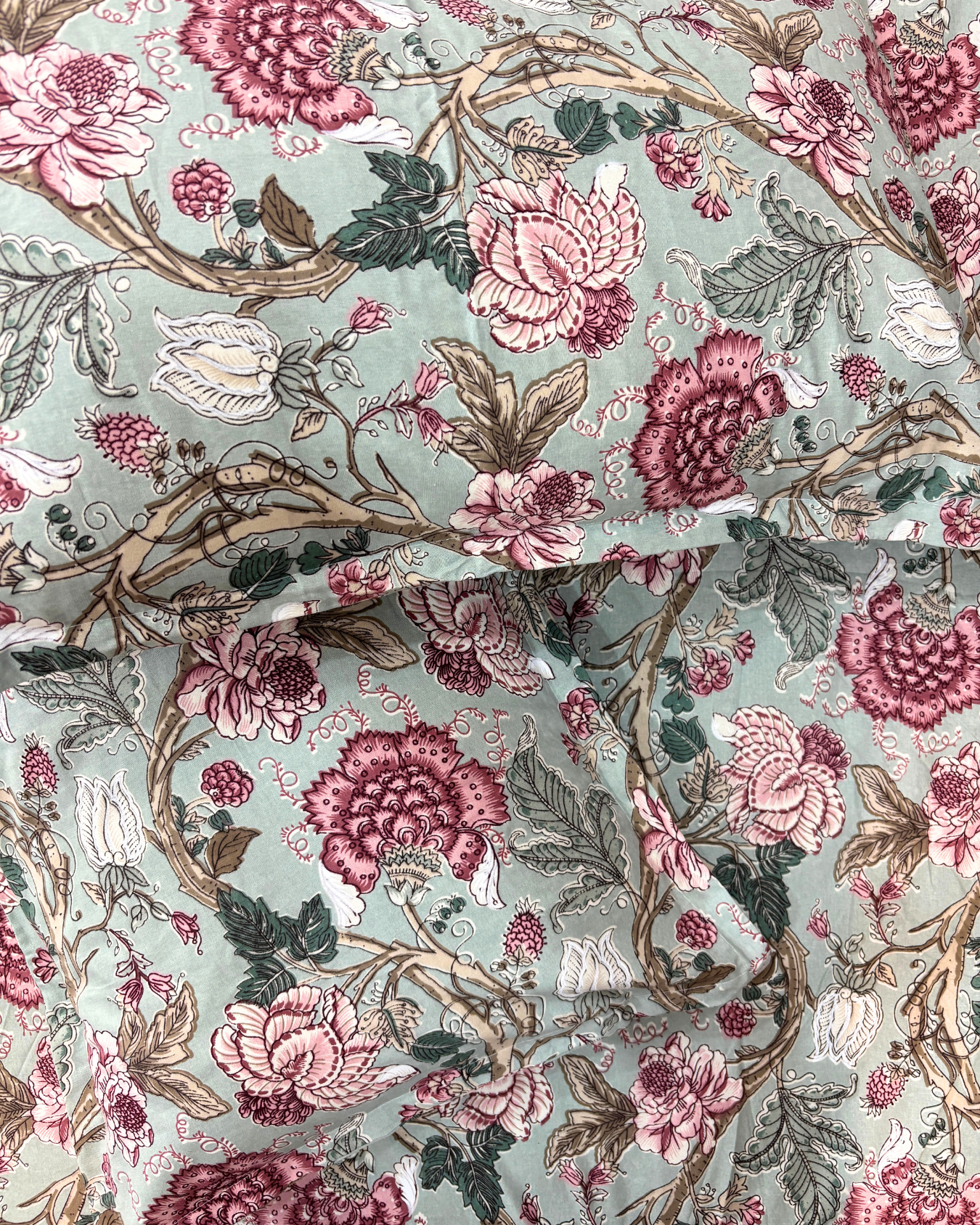 Mint Green & Pink Floral Premium King Fitted Bedsheet With 2 Pillow Covers HOME SAARTHI