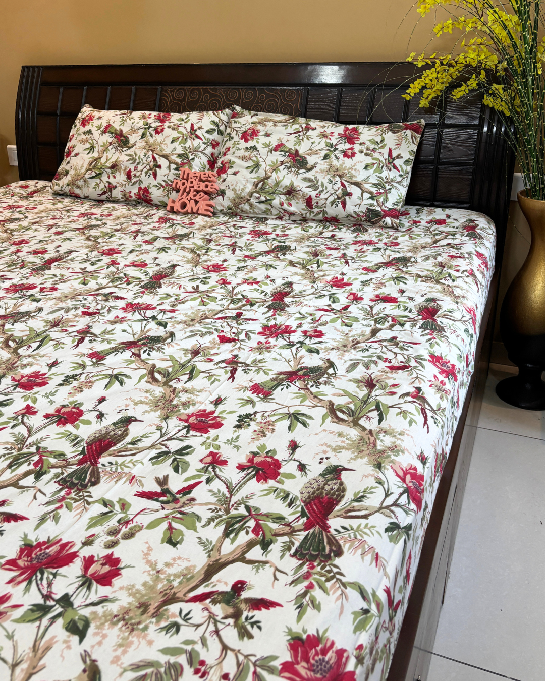 Red and Olive Green Floral Avian Chintz King Size Cotton Bedsheet HOME SAARTHI