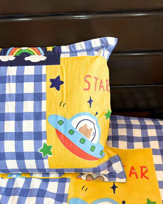 Blue Checked Space & Cartoon Print King Size Bedsheets