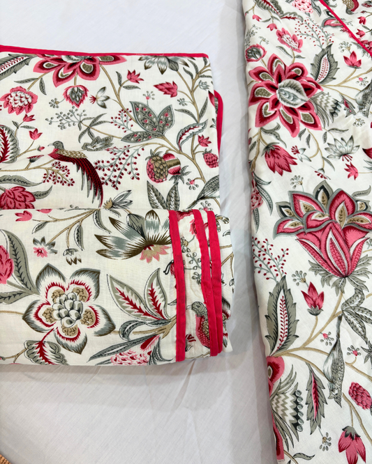 White & Pink Floral 3 Layered Mul-Mul Fabric Pure Cotton Dohar HOME SAARTHI