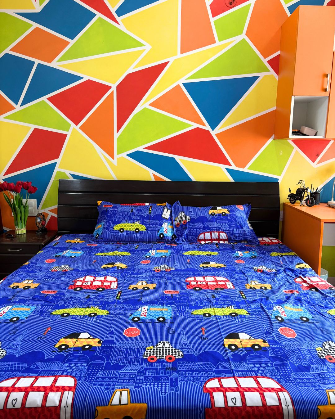 Royal Blue City Traffic Print King Size Bedsheets HOME SAARTHI