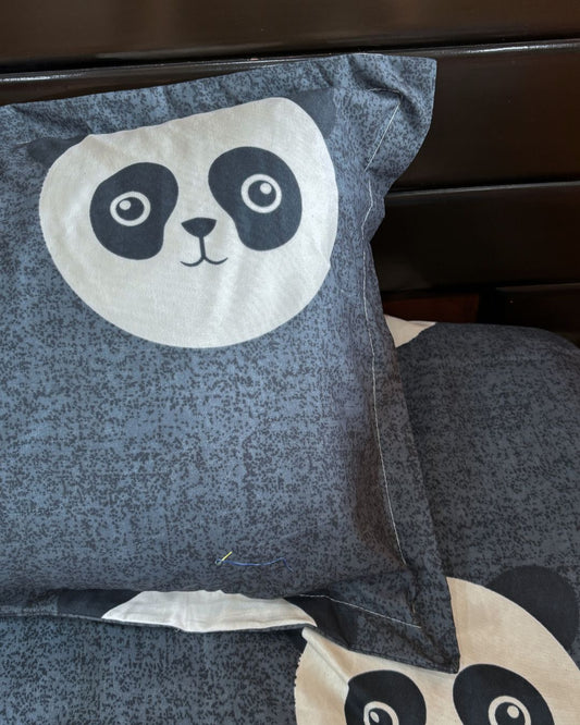 Charcoal Grey Panda Print Abstract King Size Bedsheets
