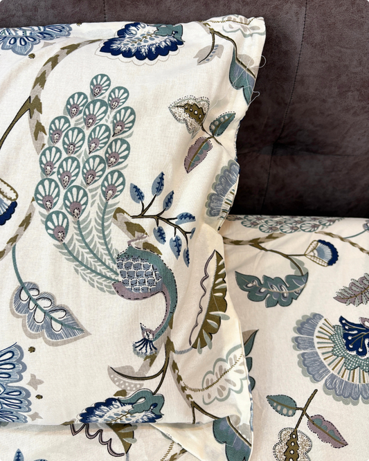 Blue and Olive Floral Premium King Fitted Bedsheet With 2 Pillow Covers