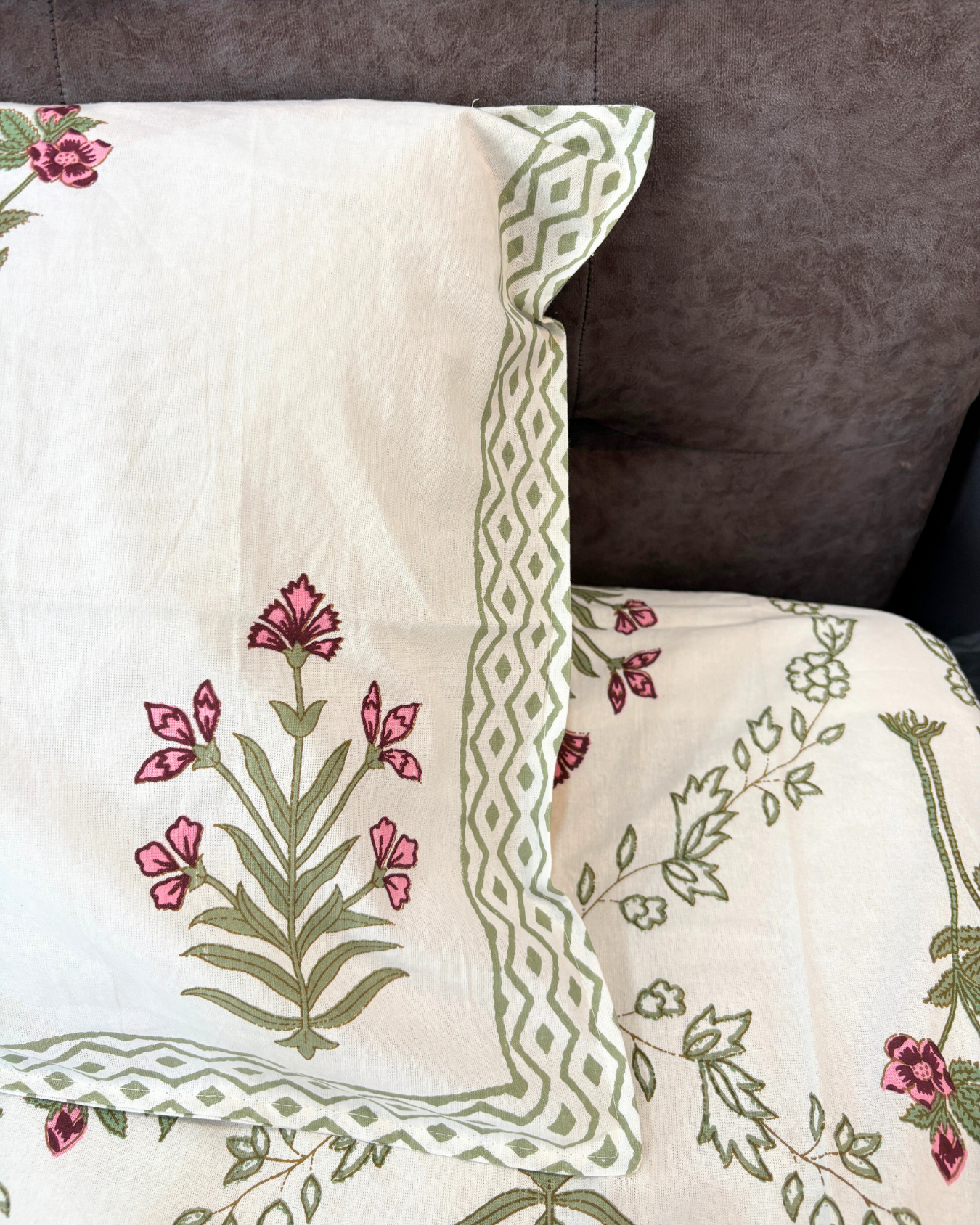 Cream and Sage Floral Jaipuri Cotton King Bedsheet With 2 Pillow Covers HOME SAARTHI